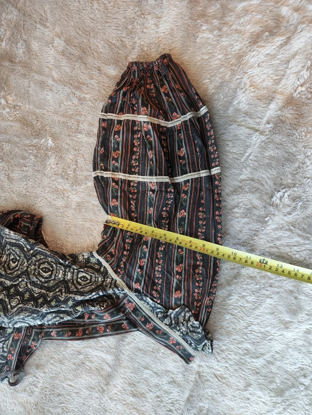 Bohemian Square-Neck Mixed Print Blouse - Black with Rust Accents
